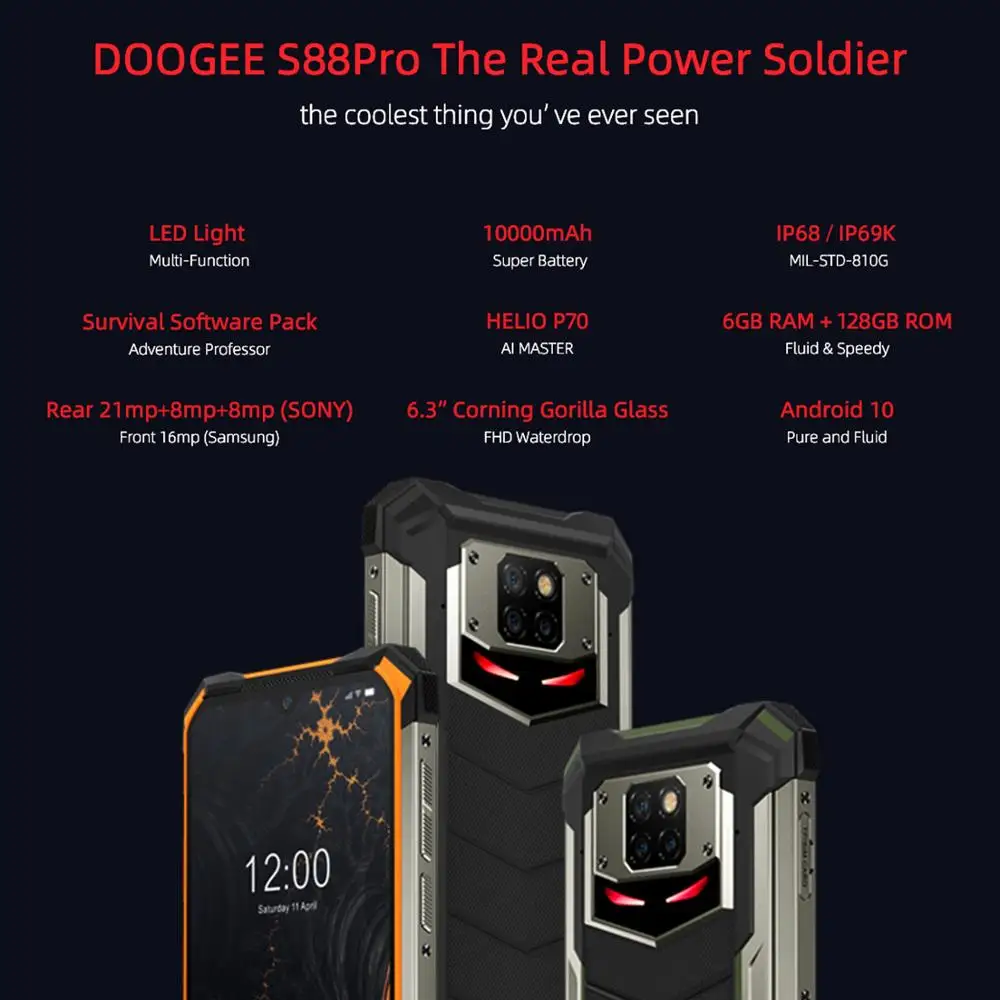 DOOGEE S88 Pro 10000mAh NFC OTG IP68/IP69K Rugged Phone Octa Core 4G SmartPhone 6GB RAM 128GB ROM 21mp Android 10 Mobile Phone DOOGEE S88 Pro 10000mAh NFC OTG IP68/IP69K Rugged Phone Octa Core 4G SmartPhone 6GB RAM 128GB ROM 21mp Android 10 Mobile Phone