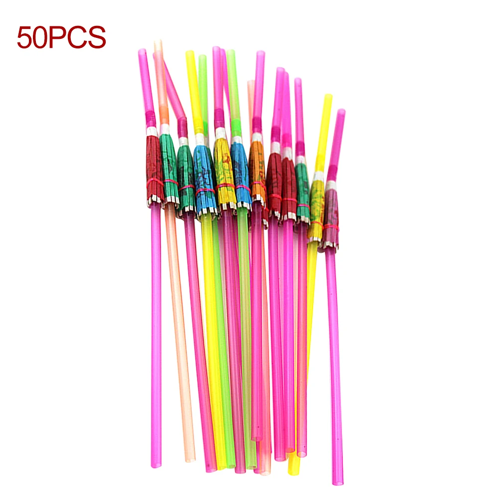Umbrella 50PCS Disposable Straw DIY Fluorescent Tropical Party Decoration Drinking Cocktail Bar 3D Colorful Club Wedding Supplies - Color: Umbrella
