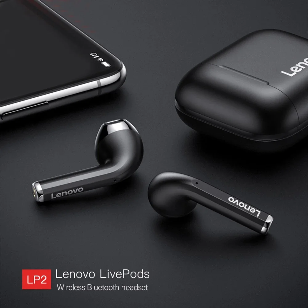Original Lenovo LP2 TWS Wireless Bluetooth Earphone In-ear Dual Stereo Bass Touch Control Comfortable Sports HIFI Earbuds w/Mic