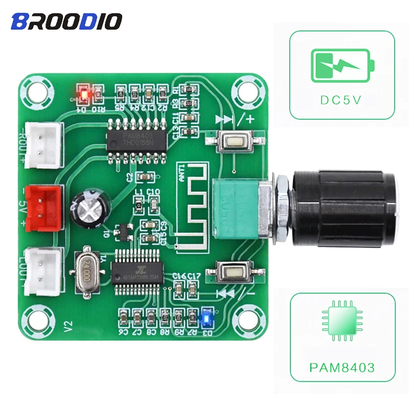 

PAM8403 Bluetooth 5.0 Power Amplifiers Board Dual Channel 2*5W Stereo Digital Audio Board HD Class D Wireless Speaker DIY Module