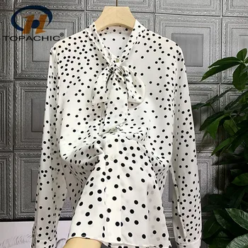 

4.14 2020 Spring New Tide Fashion Women V-neck Bow Polka dot Print Decoration Temperament Silk Blouse