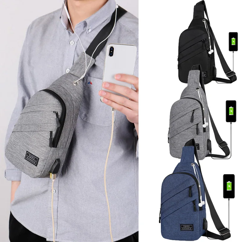 

USB Charging Shoulder Bag men Outdoor men chest bag casual bags diagonal bag Korean version of the headset hole bag bolso hombre