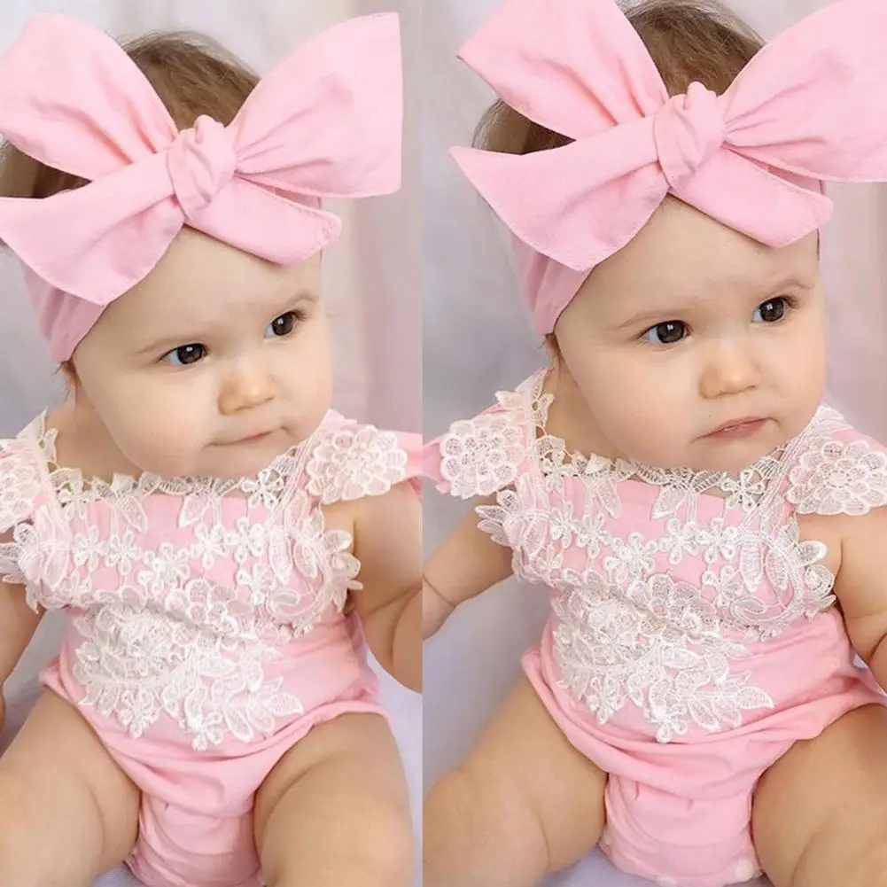 

Cute Infant Baby Girl Floral Fly Sleeve Lace Romper Bowknot Headband Outfit 2Pcs