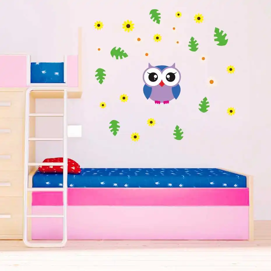 Cute Nursery Owl with Flowers Stickers on Wall Art DIY Flowers Leafs Decals for Kids Baby Room Bedroom Door Home decor Wallpaper (4)