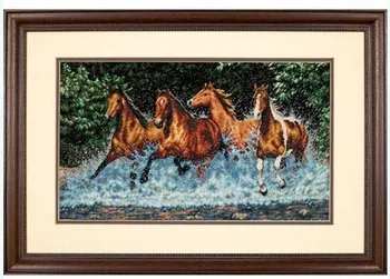 

Higher quality cotton threads Lovely Counted Cross Stitch Kit four brown horses horse paddle with water river dim 35214