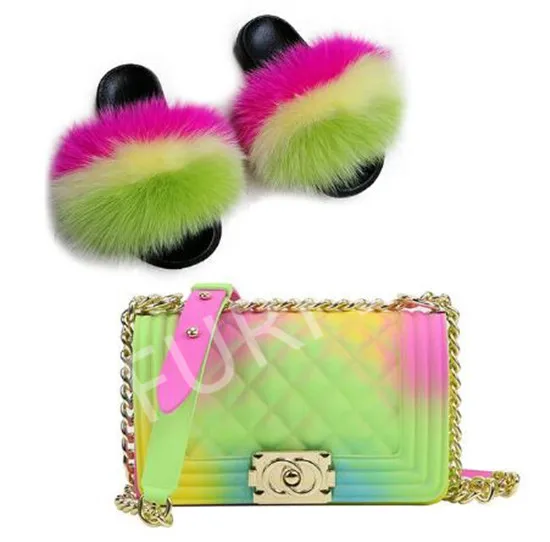 Shoe bag set16 Женские летние сандалии с мехом; модные туфли с квадратной цепочкой; женские шлепанцы с натуральным лисьим мехом; сумки через плечо - Цвет: Shoe bag set16