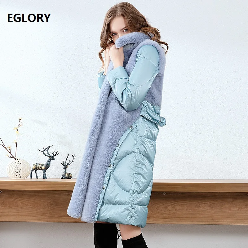

Top Quality 2019 Winter Warm Down & Parka Outerwear Coats Women Cashmere Wool Duck Down Patchwork Blue Beige Overcoats Female