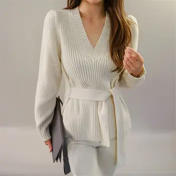 

Korea Autumn Winter chic Loose V-Neck Elastic Pullovers Sweaters Women Creamy-white Short Knitted Sweater Female Soft Jumper