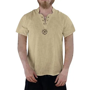 

2020 Men's Casual Cotton linen shirt Male Short Sleeve Lace Up Shirts Men Summer Solid Color White Shirt Tops Chemise S-2XL