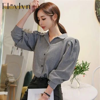 

Vintage Elegant Single-breasted Plaid Grid Women Blouse Shirts Turn-down Collar Puff-sleeve Loose Female Tops blusas mujer 2020