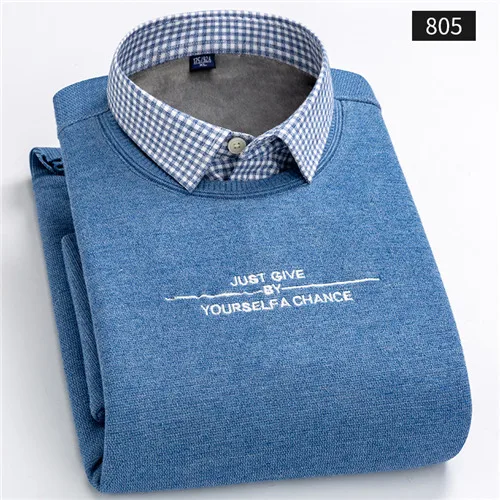 Зимняя Теплая мужская рубашка, утолщенная, деловая, повседневная, мужская рубашка с принтом, поддельные, две части, мужская рубашка, топ размера плюс, бархат YN10564 - Цвет: 805-2