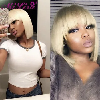 

613 Short Blonde Bob Wig with Bangs Human Hair Wigs for Black Women Mi Lisa Brazilian 613 Honey Blonde Straight Full Machine Wig