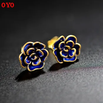 

S925 silver bake blue craft gold lace small orchid ear studs