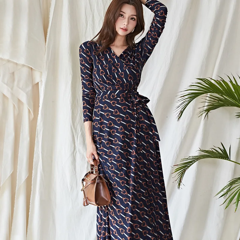 

Dress 2019 Autumn And Winter New Style Debutante Elegant Slimming Sheath V-neck Fashion Printed