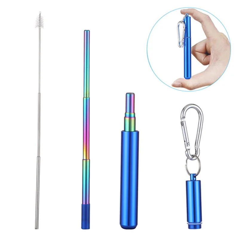 Multicolour-blue Нержавеющая сталь телескопическая Питьевая солома портативная Солома для путешествий многоразовая складная металлическая Питьевая солома с щеткой - Цвет: Multicolour-blue