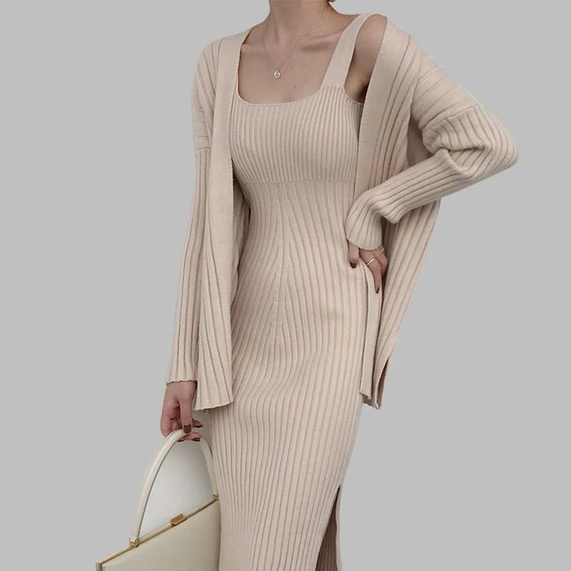 

2019 New High Quality Winter Women's Casual Long Sleeved Cardigan + Suspenders Sweater Vest Dress Two Piece Runway Dress Suit