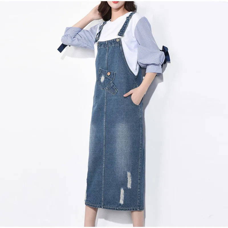 Женская джинсовая юбка на подтяжках рваная длинная из денима размера плюс 4Xl