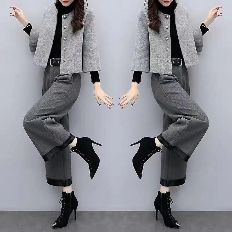 

2019 New Style WOMEN'S Dress Autumn And Winter Large Size Two-Piece Pants Woolen Jacket Loose Pants Casual Fashion WOMEN'S Suit