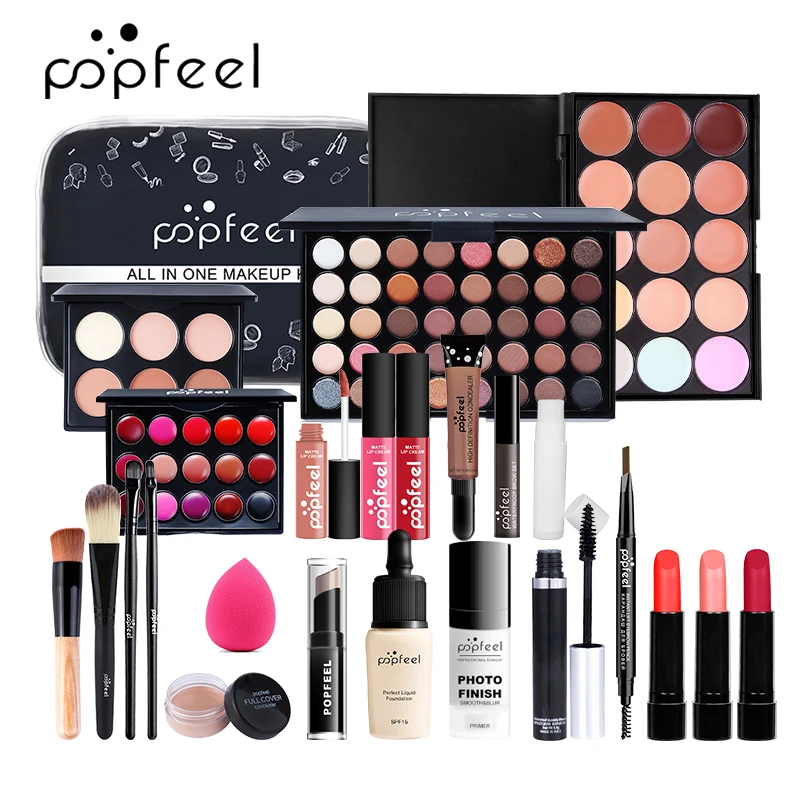 

8-27Pcs Cosmetic Kit All In One Eyeshadow Palette Lip Gloss Makeup Brushes Concealer Beginners Make Up Set With Makeup Bag TSLM2
