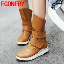 EGONERY/новые зимние сапоги до середины икры в сдержанном стиле теплая удобная женская обувь на среднем каблуке с круглым носком Прямая поставка; размеры 34-43