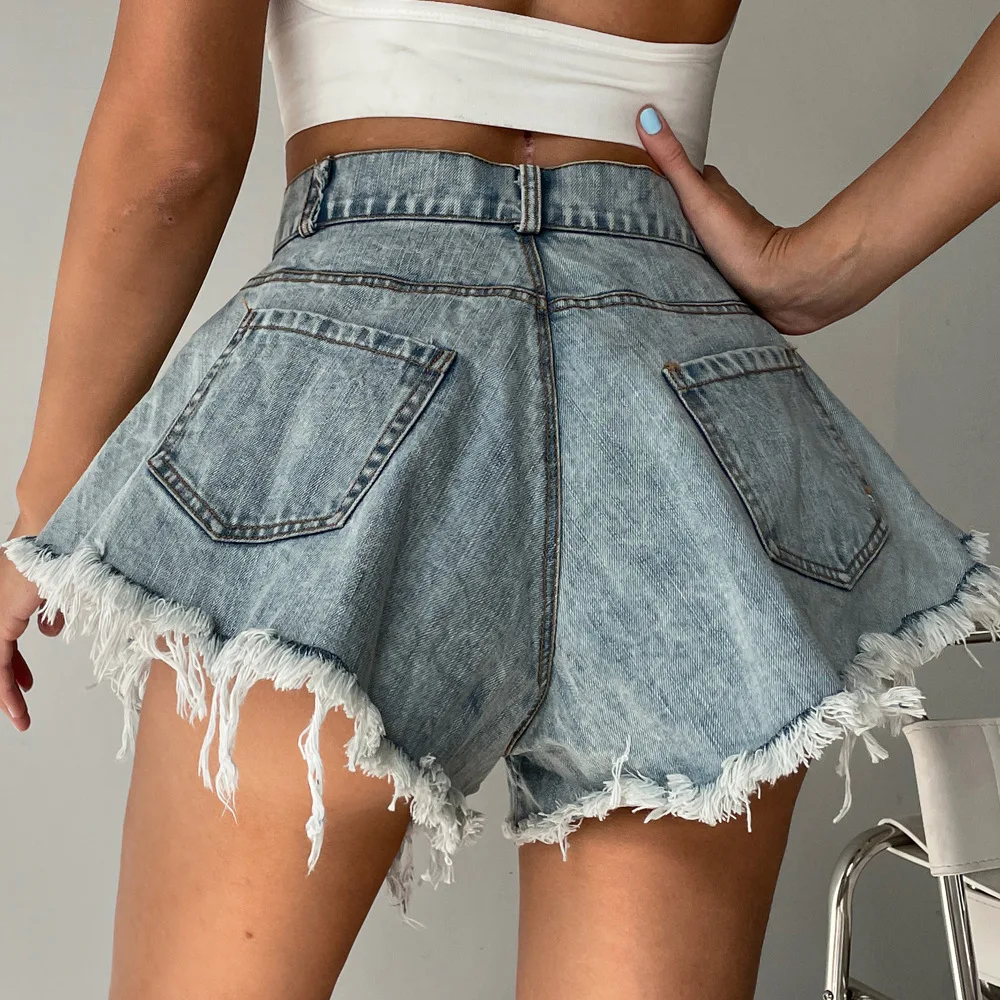 2022 New Women Denim Shorts With Holes And High Waist Loose Tassel Jeans S-XXL