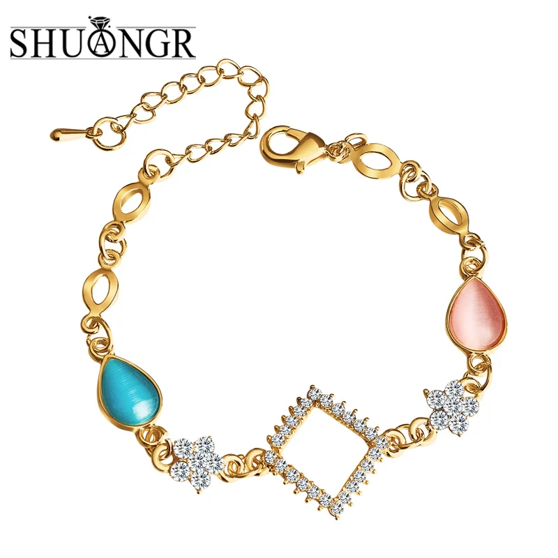 SHUANGR Boho Кристал из австрийского горного хрусталя браслеты браслет ручной работы Синий Розовый натуральный камень квадратный золотой браслет-цепочка для женщин