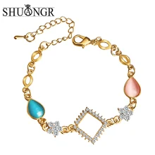SHUANGR Boho Кристал из австрийского горного хрусталя браслеты браслет ручной работы Синий Розовый натуральный камень квадратный золотой браслет-цепочка для женщин