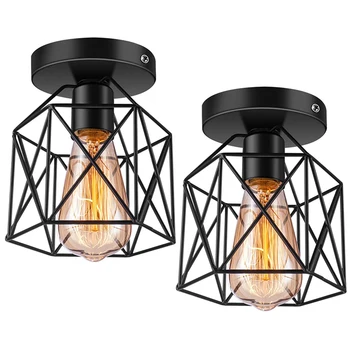 

New Semi-Flush Mount Ceiling Light E26 Retro Black Industrial Ceiling Light Fixture for Porch Kitchen Lighting 2 Pack