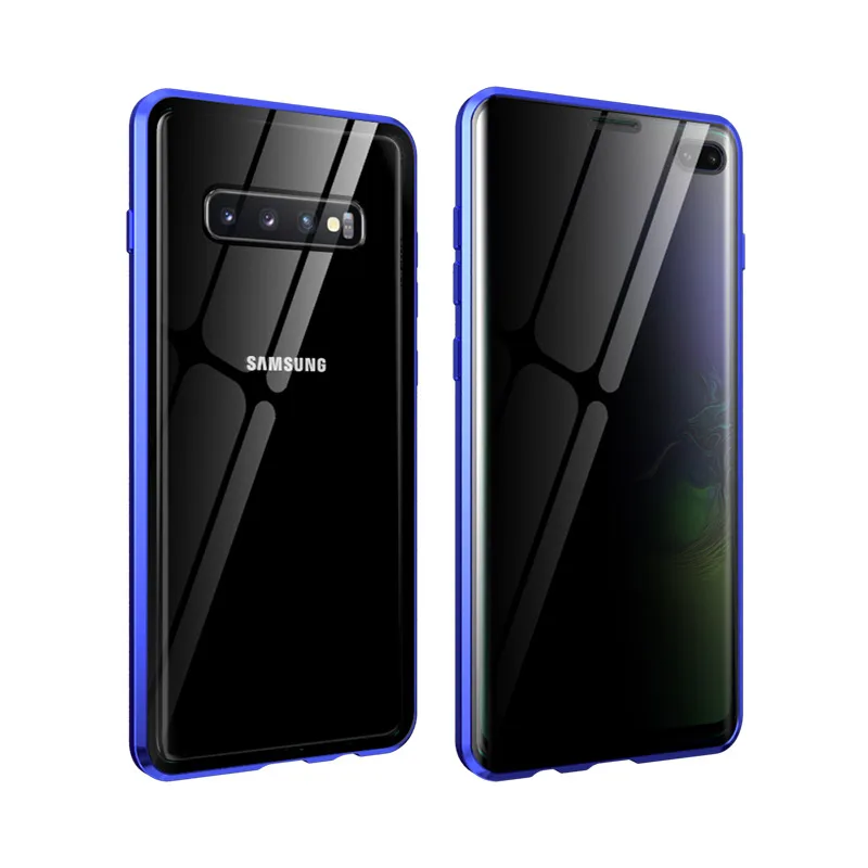 Магнитный чехол для samsung Galaxy S10 S9 S8 Plus, магнитный металлический двухсторонний чехол из закаленного стекла для samsung S10 Plus - Цвет: Anti-Peep-blue