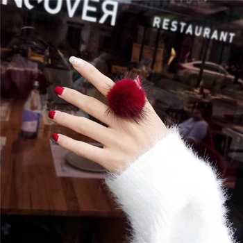 

Women Girls Cute Furry Pom pom Ball Rings Fluffy Mink Fur Cocktail Party Finger Ring Band Fashion Jewelry Gift