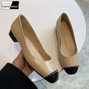 

Chains Ladies Pumps Spring Autumn New Genuine Leather Shallow Mid Heel Shoes Elegant Office Women Shoes Apricot/Black Loafers
