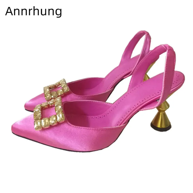 

Crystal Buckle Decor Sandals Unique Funnel Heel Shoes Sexy Pointed Toe Back Strap Party Heels Customized High Heels Sandals