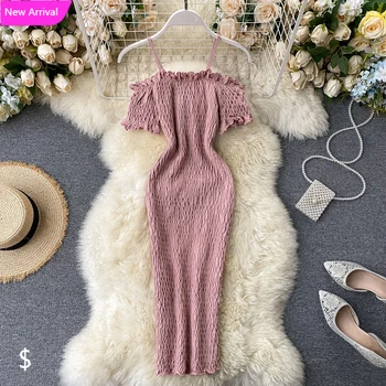 

NEW 2020 Slim Draped Bodycon Vintage Knitted short Dress strap off shoulder dress Summer Party Women sexy club dresses Autumn