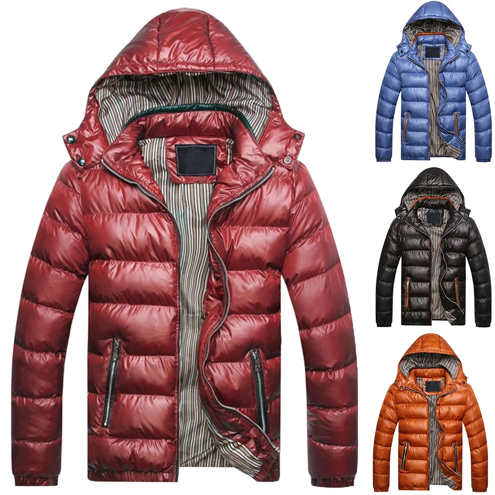 Chaqueta invierno hombre/зимняя мужская однотонная куртка с капюшоном и длинным рукавом на молнии, стеганое пальто