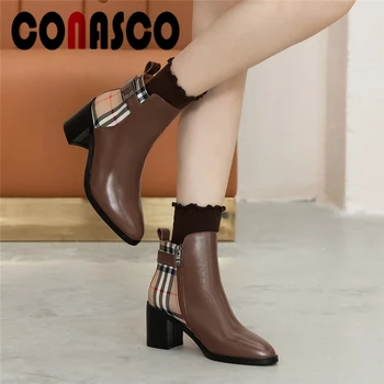 

CONASCO Office Genuine Leather Women Ankle Boots 2020 Autumn Winter New Buckle Shoes Woman Thick Heels Pointed Toe Zipper Boots