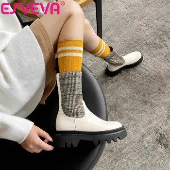 

ESVEVA 2021 Elegant PU+Leather Ankle Boots Women Boots Slip On Winter Women Shoes Pointed Toe Square Med Heel Boots Size 34-40