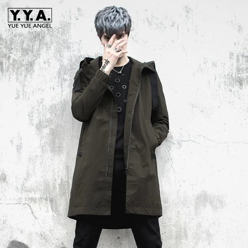 

Army Green Bomber Jacket High-Street Hip Hop Coat Man Zipper Windbreaker Men Hooded Coats Trench Mens Long Casual Outerwear M-XL