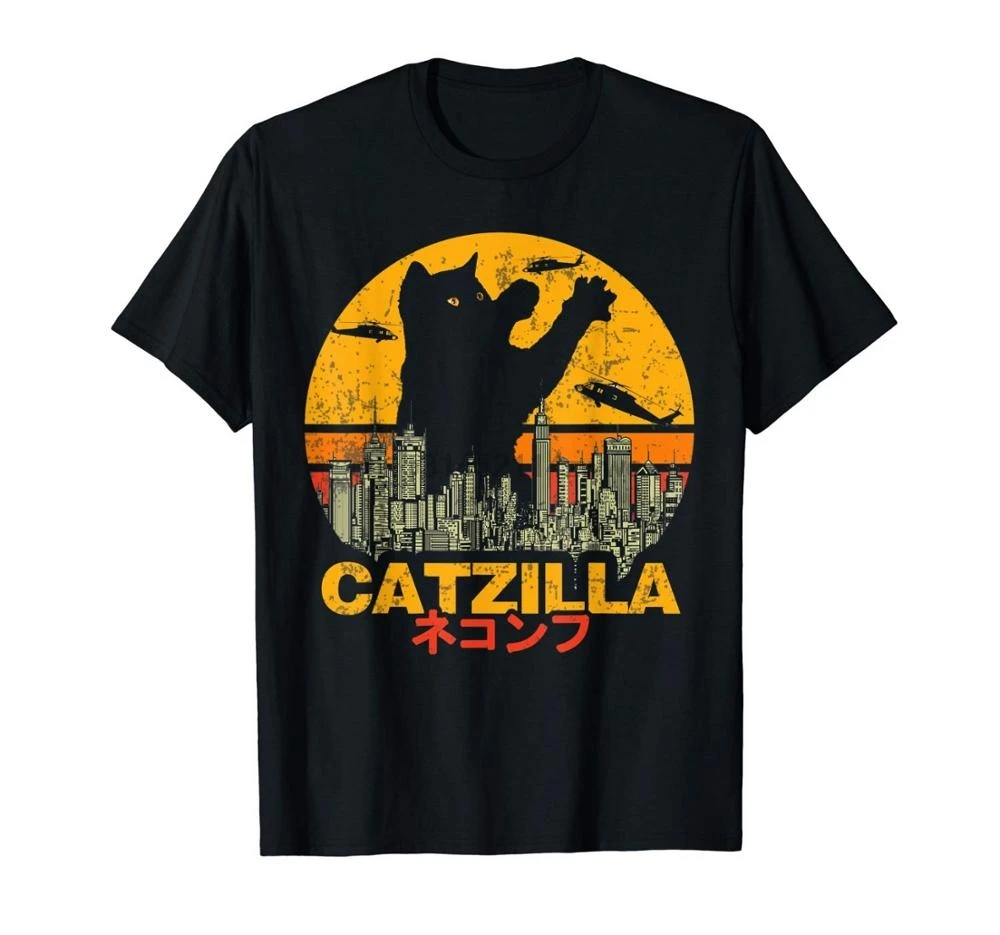 Винтажная Футболка Catzilla Sunset - Kitty для любителей Хэллоуина модная популярная