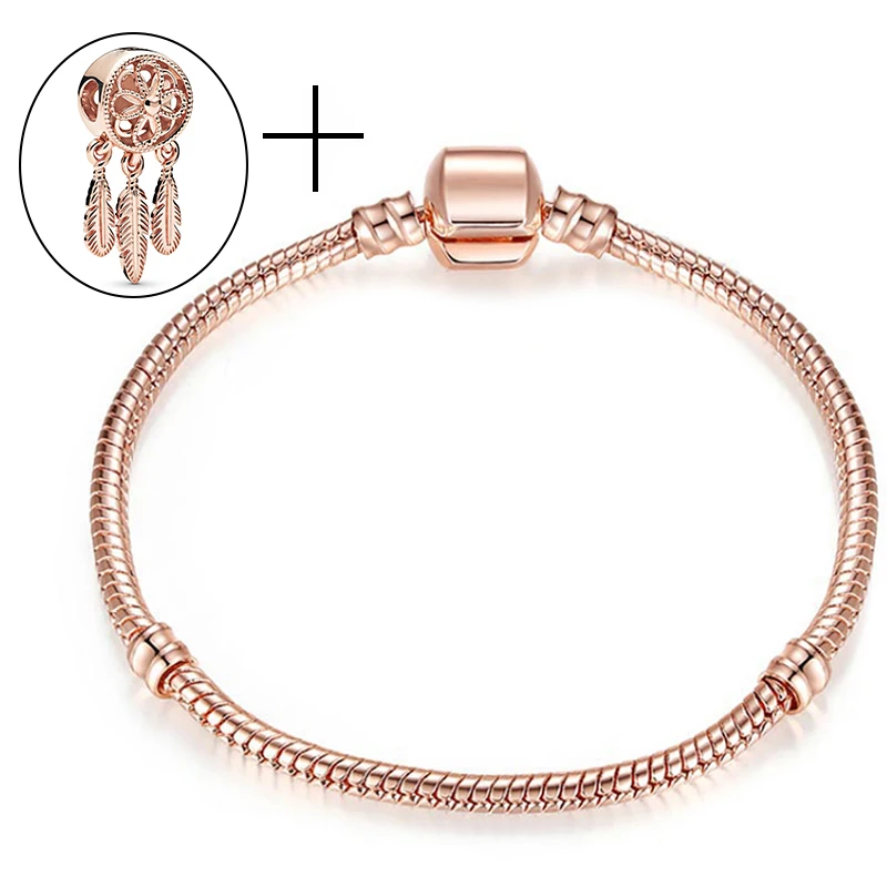 Pulsera con cadena de oro de serpiente rosa para mujer, brazalete con cuentas europeas de ajuste, fabricación de joyas DIY, 1 pulsera con abalorio gratis