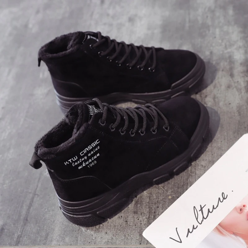 black winter shoes Женская зимняя обувь; коллекция года; женская повседневная обувь из флока; модная теплая плюшевая женская обувь на плоской платформе; высокие кроссовки на шнуровке - Цвет: black winter shoes