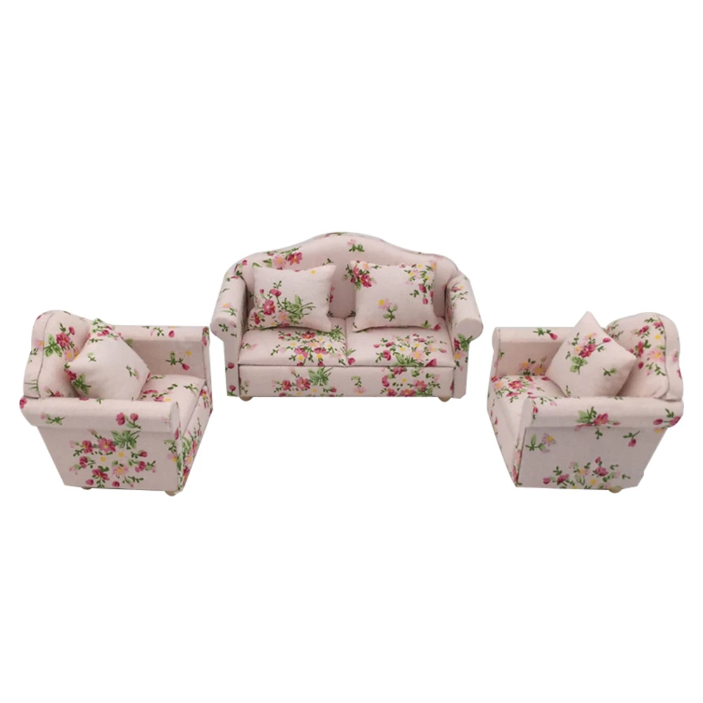Unisex Craft Decorative Miniature Dollhouse Kids Flower Pattern Imitation Living Room Furniture Sofa Cushions Set Playing Wood |