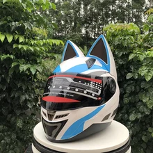 Уши для автомобильных гонок, противотуманный шлем для всего лица, мотоциклетный шлем casco, мотоциклетный шлем, маска для всего лица, синий шлем, милый кот