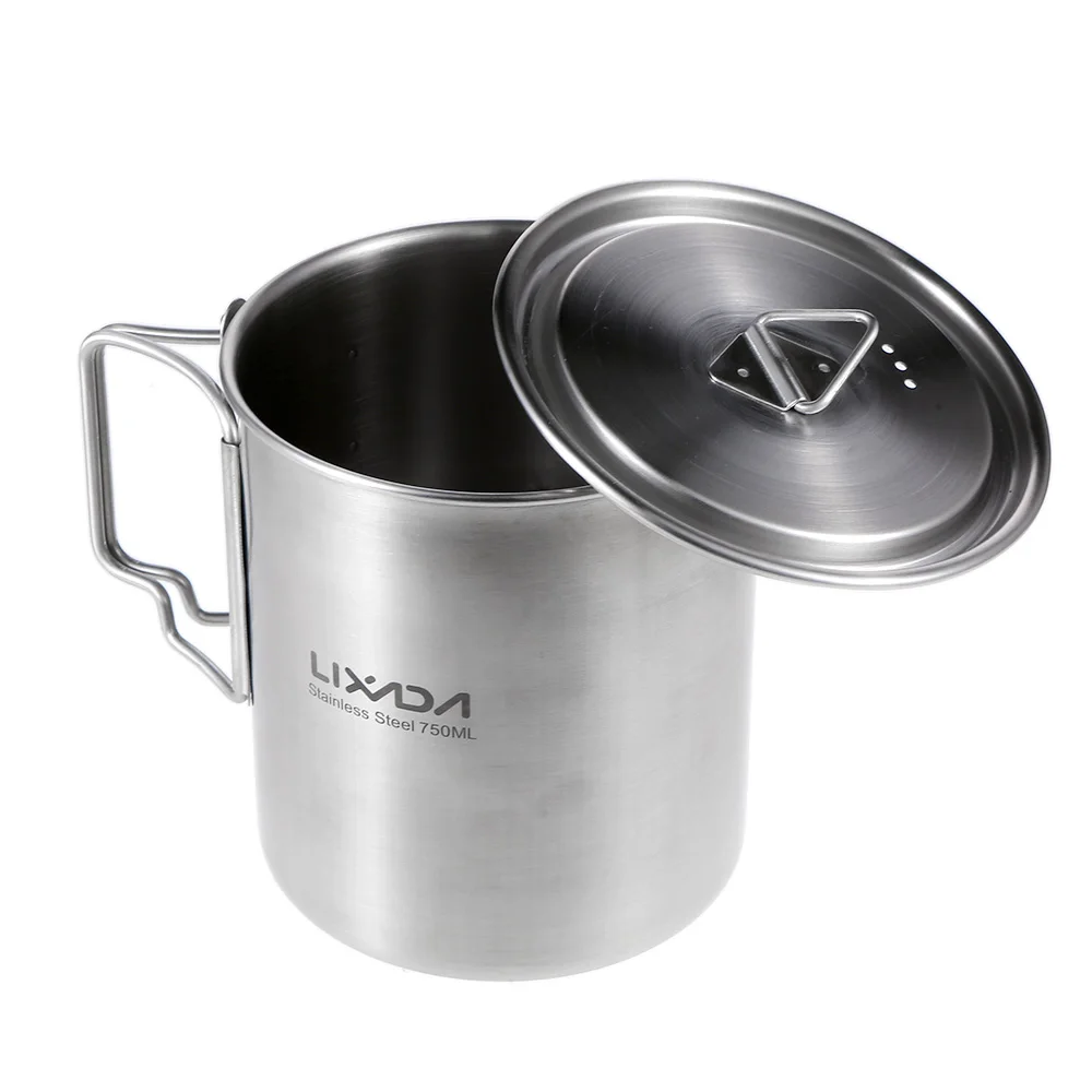 Lixada 750ml Stainless Steel Pot Cups Portable Water Mug Cup Outdoor Camping Cooking Picnic Cup
