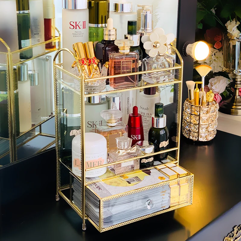 New Arrival Gold Glass Clear Makeup Organizer Perfume Lipstick Cosmetic Storage Display Box Case Stand Rack Holder Organizer