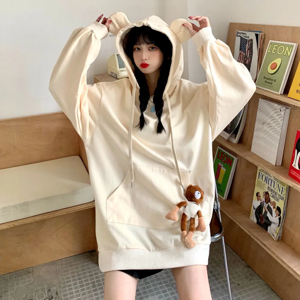 

2020 New Solid Long Sleeve Bear Ear Women Hoodies Preppy Style Lady Loose Pullovers Tops Front Doll Beige Green Free Shipping