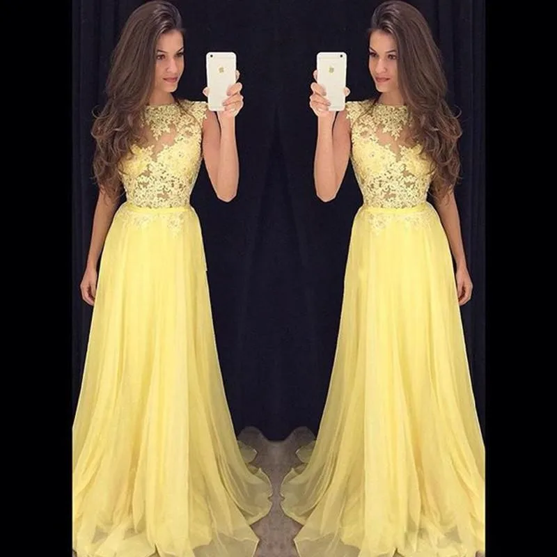 

2020 Designer Yellow Chiffon Lace Applique Prom Dresses Cheap A Line Illusion High Neck Formal Evening Party Gowns Homecoming