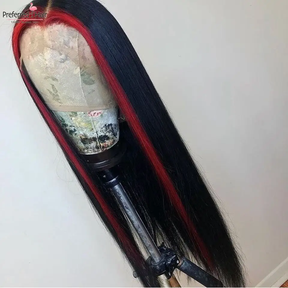 Black Highlight Red Предпочтительный предварительно выщипанный синий Лайм зеленый Highight парик фронта шнурка Омбре человеческих волос парик бразильский Remy прозрачный парик шнурка для женщин - Цвет: Black Highlight Red