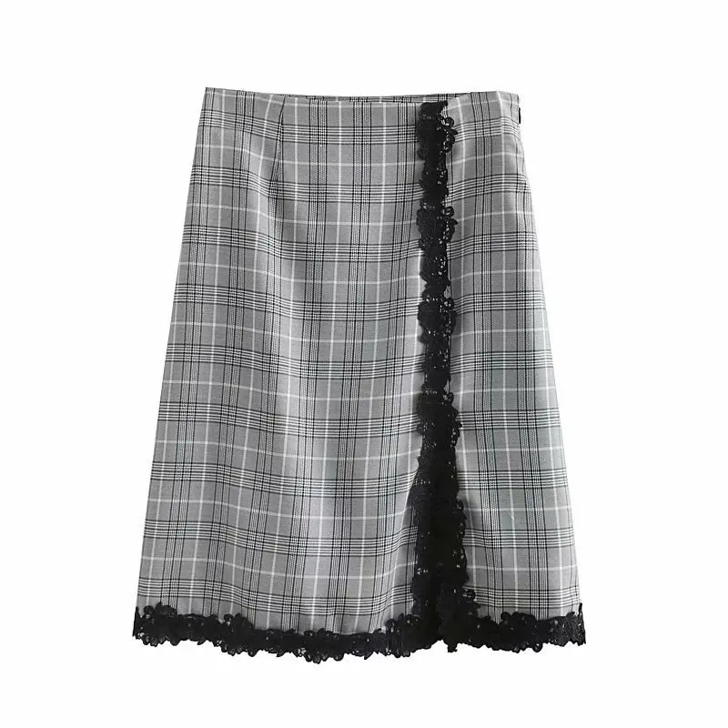 

2018 Europe And America Plaid Stitching Lace Elegant Retro Skirt High-waisted Women's Slit Midi-skirt 1216