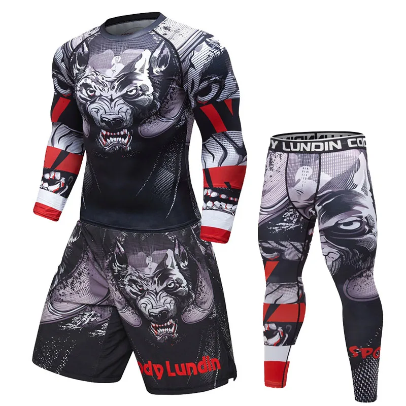 

Brand New Men's Tracksuit 3D Prints Tight Skin Compression Sport Suit Men MMA Rashguard Body Building Top Fitness Sport Set