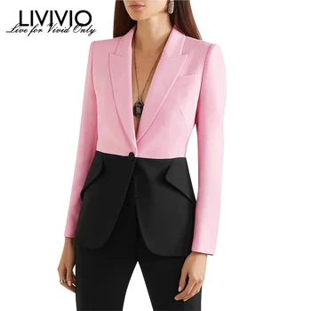 

[LIVIVIO] Hit Color Patchwork Blazer For Women Notched Collar Long Sleeve Elegant Coats Female 2019 Autumn Fashion Clothing New